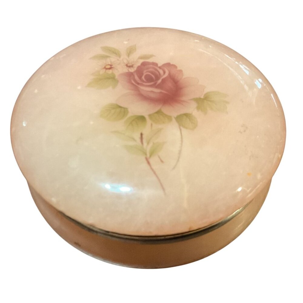 Vintage Himark Pink Floral Alabaster Hinged Dresser Trinket Box Italy Made 4"D